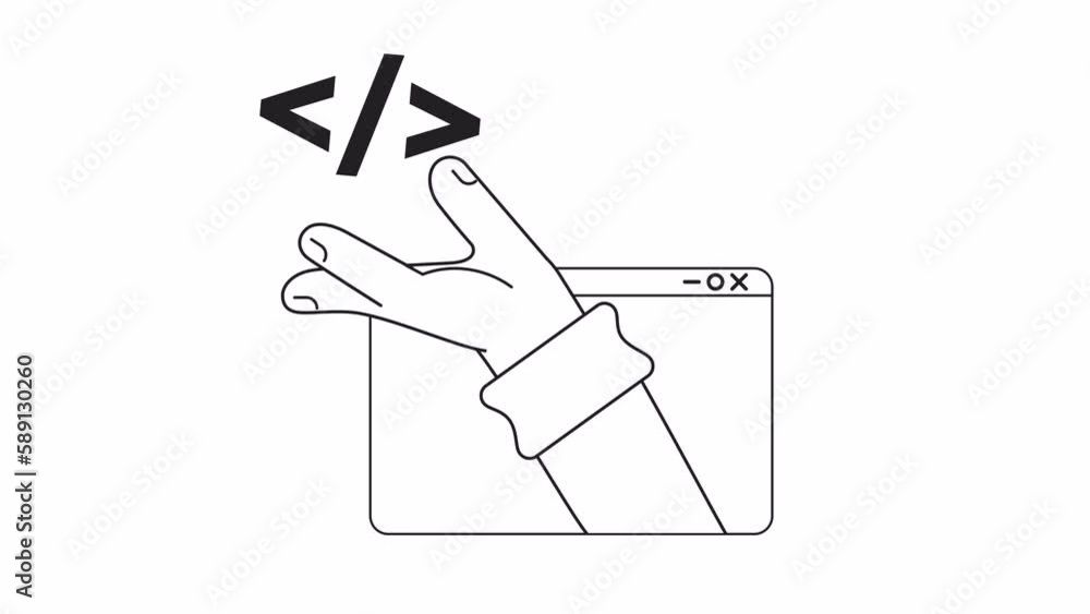 Aufkleber animated mono scripting language. computer programming. 2d black and white flat character hand 4k vi