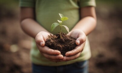 Kid holding young plant in hands against spring green background, Ecology concept, generative AI