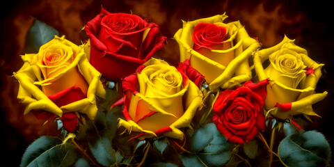 Fototapeta na wymiar Background of red and yellow roses closeup