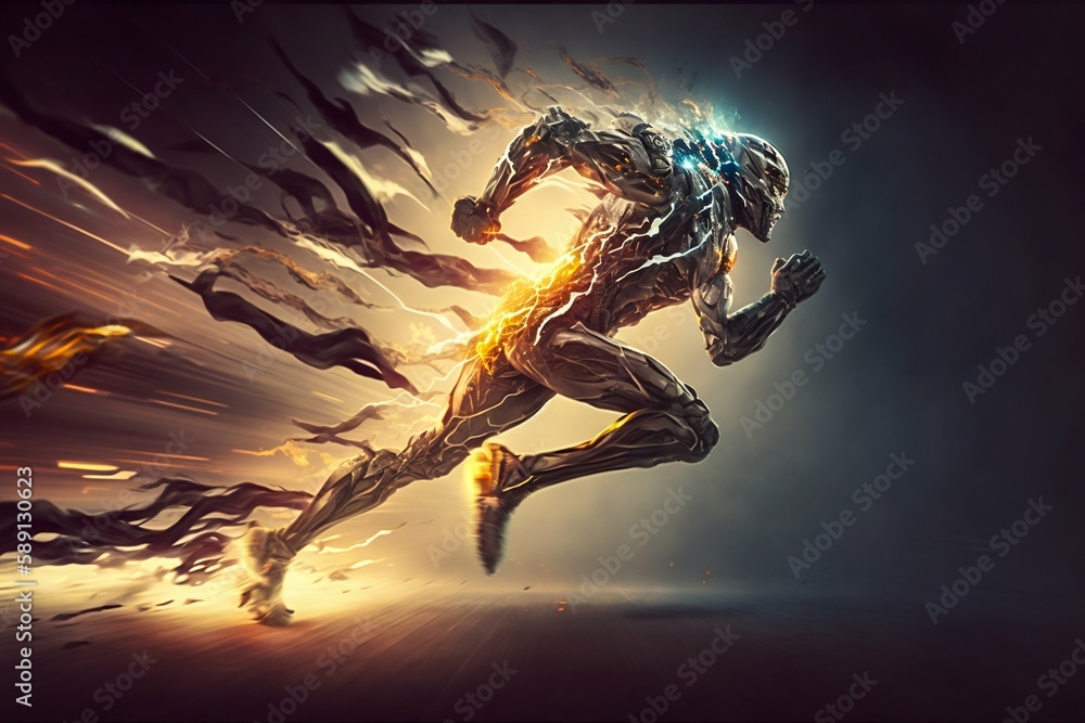 Poster a fast running runner leaves behind a speed light. generative ai