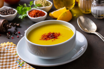 Traditional delicious Turkish foods; Red lentil soup (Turkish name; Mercimek corbasi)