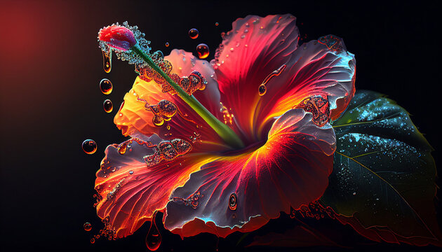 hibiscus flower with water drops,neon sun rise, bokha mood