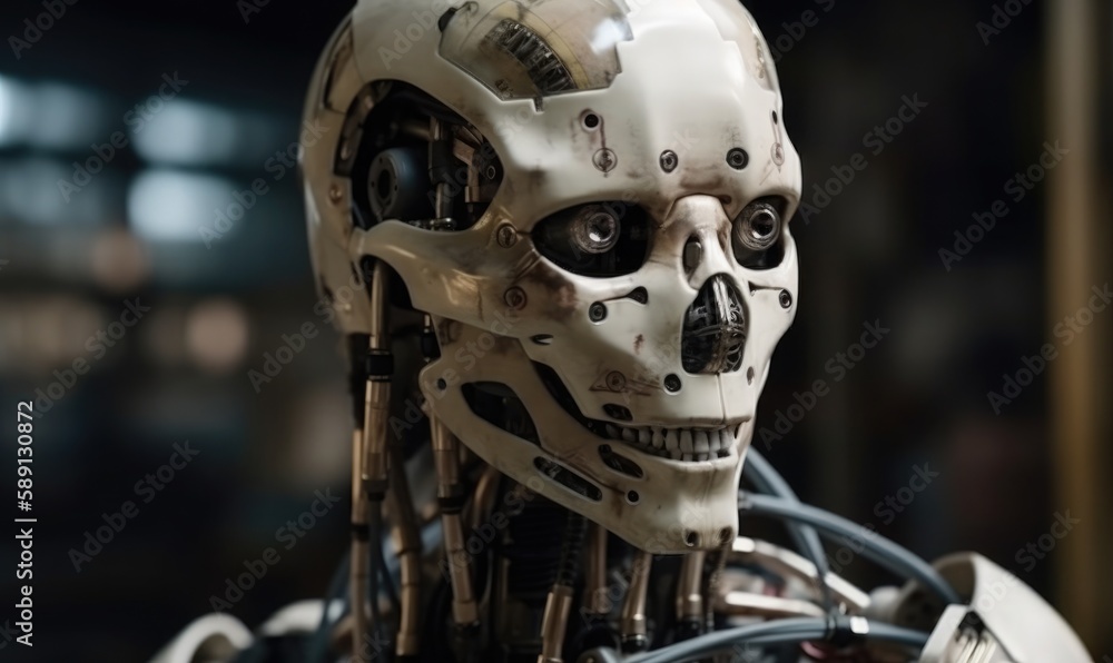 Poster artificial intelligent humanoid robot still in skeleton stage assemble in android factory, generativ