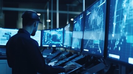 Fototapeta premium person working on futuristic screens, Generative AI
