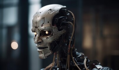 artificial intelligent humanoid robot still in skeleton stage assemble in android factory, generative AI