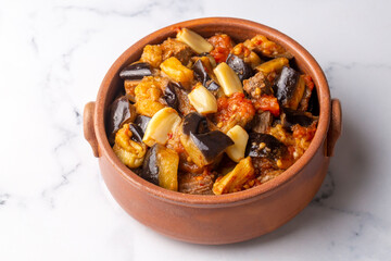 Traditional Turkish cuisine; Meaty Eggplant Dish. Turkish name; patlican guvec or patlican tava