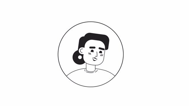 Animated bw happy office lady icon. Flat character avatar animation on white background with alpha channel transparency. Monochromatic cartoon style round badge 4K video footage for web design