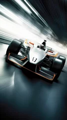 Poster A White and Orange Open-wheel Race Car with a Sleek Design Speeding down a Street, creating Motion Blur, made with Generative AI © dani3315
