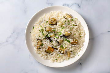 Traditional Turkish food; Eggplant rice pilaf. Turkish name; Patlicanli pirinc pilavi