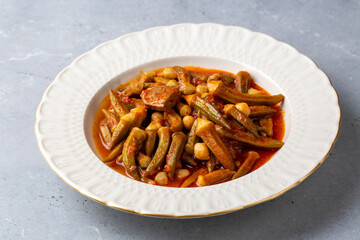 Bamya, Turkish traditional food. (Turkish cuisine) Homemade Food Okra in Plate. Organic Food.