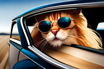 A cat in a car with sunglasses 