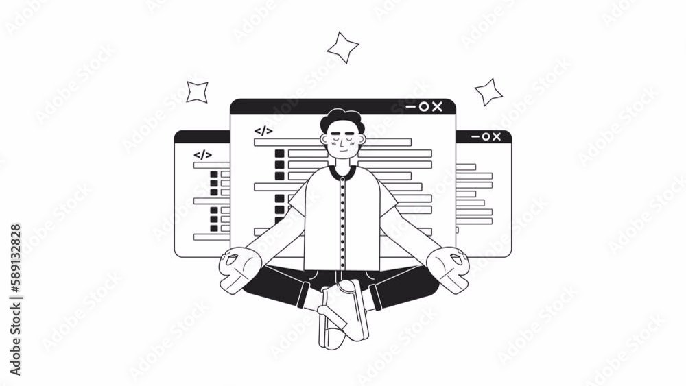 Poster animated mono programmer expert. improving programming skills. 2d black and white flat character 4k 