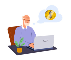 Fototapeta na wymiar Aged Pensioner Man Character looking at Laptop,serfing the Internet.Old Man working Online, freelancer.Busy Working Man dreaming about money.Vector Flat Illustration Isolated on White Background.