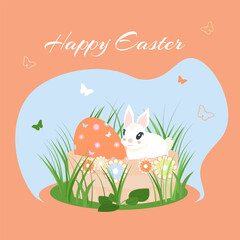 Poster happy easter with rabbit, egg, basket, butterfly, grass.