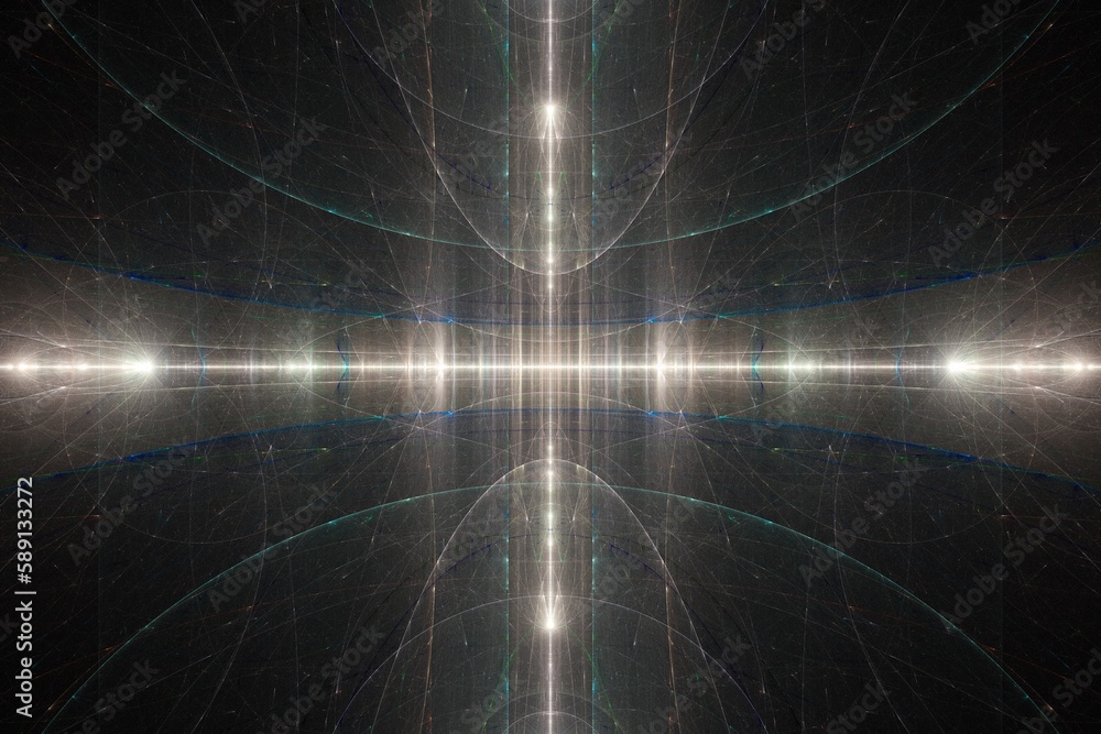 Aufkleber yellow green glowing pattern of curved waves and rays on a black background. abstract fractal 3d ren