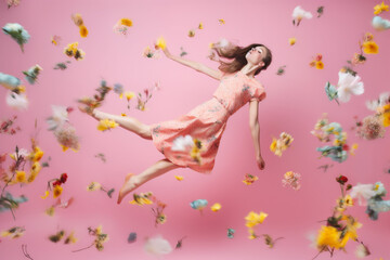 Fototapeta premium colorful woman art fashion spring flying flower peony falling lady beauty. Generative AI.