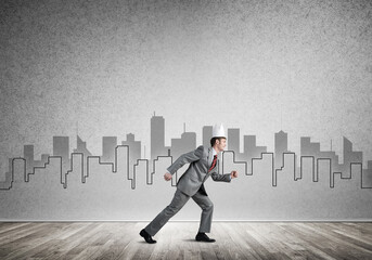 King businessman in elegant suit running and drawn cityscape silhouette at background