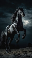A black coated Friesian horse rears up on a small grassy cliff. The night wind blows through the animal's mane and tail. Behind it, the full moon fills the sky. 3D Rendering