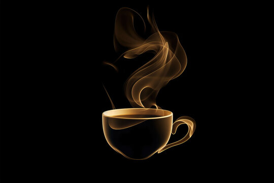 Golden coffee or tea cup logo illustration on black background. Generative AI
