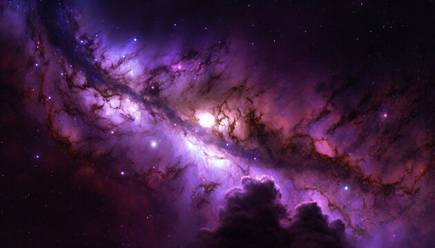 Illuminated nebula in the night sky, glowing and shining with a deep exploration of starlight magic into the cosmic universe.