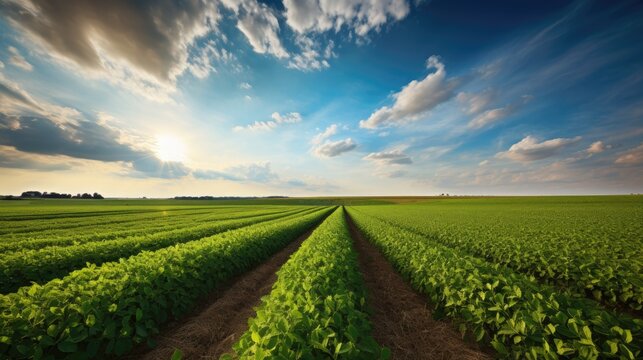 Green ripening soybean field, agricultural landscape. Generative AI