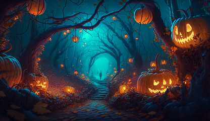 Fototapeta na wymiar Halloween Background. Laughing pumpkins with glowing eyes in magical dark night forest. Generative AI.