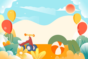 Children's day kids playing outdoors with toys and plants in the background, vector illustration