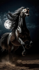 Obraz na płótnie Canvas A black coated Friesian horse rears up on a small grassy cliff. The night wind blows through the animal's mane and tail. Behind it, the full moon fills the sky. 3D Rendering