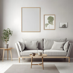 mock up poster frame, living room, scandinavian, Art Deco style, 3D render, 3D illustration