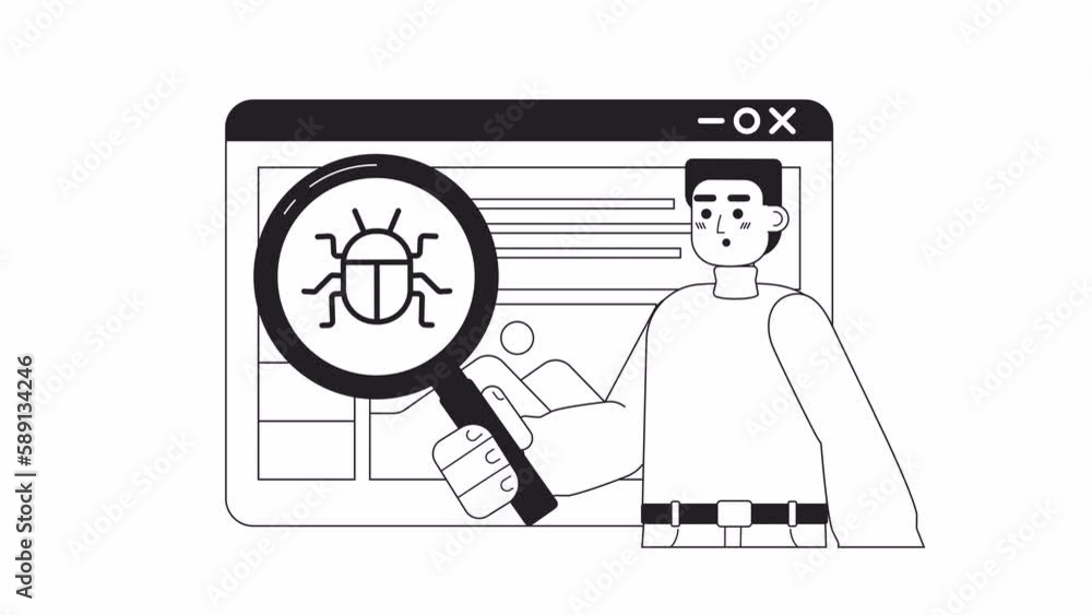 Poster animated mono debug web application. software developer testing app. 2d black and white flat charact