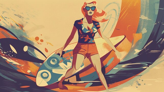 Surfer Girl, flat cartoon character, retro style. Generative AI.