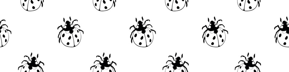 Vector seamless pattern of black outline cute ladybugs in doodle flat style. Background and texture on theme of nature, spring, summer, children print, isolated