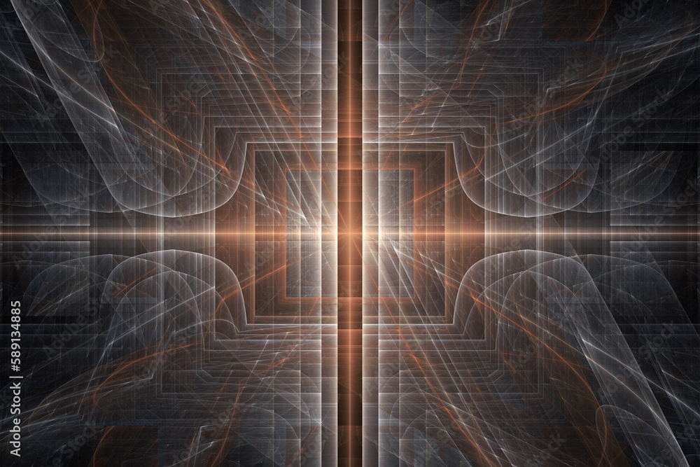 Aufkleber brown gray pattern of curved waves and rays on a black background. abstract fractal 3d rendering