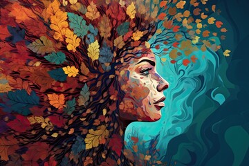Vibrant female head with multicolored tree & leaves, surreal digital art, lively organic imagery. Generative AI