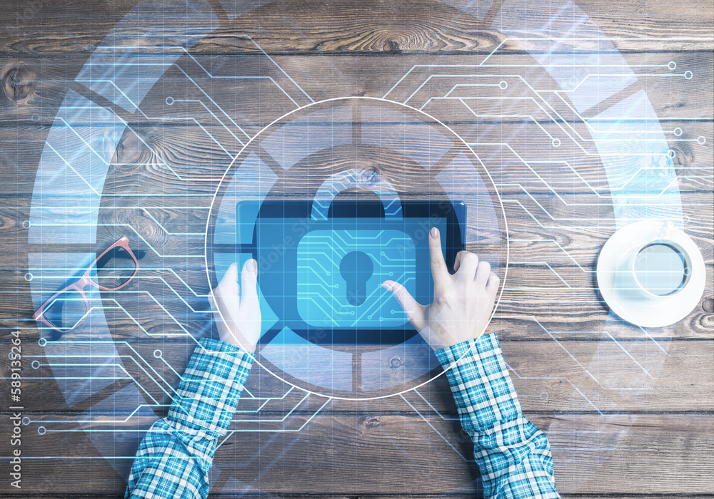 Poster concept of computer access with media lock icon on tablet screen