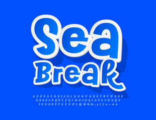 Vector playful poster Sea Break. Decorative Blue Font. Sticker style Alphabet Letters, Numbers and Symbols set