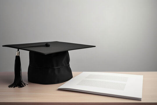 Education concept. Abstract visualization of finished studio or school diploma and graduation cap. Copy space. Generative AI