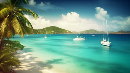 Fototapeta na wymiar Sunny Caribbean Bliss: A Beautiful Beach with Yachts and Palm Trees, generated by IA 