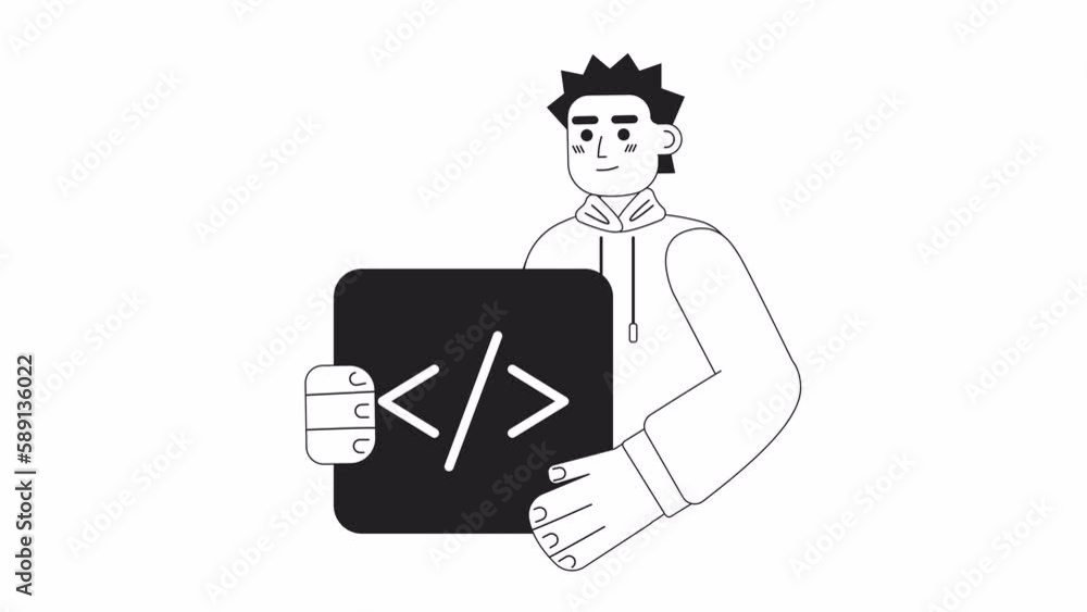 Poster animated mono pro programmer. coding skills. software developer job. 2d black and white flat charact