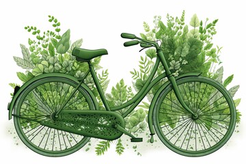 Green bike enveloped by lush leaves, intricately detailed. Generative AI