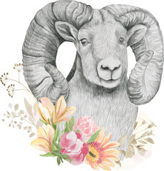 Argali head with horns framed by flowers