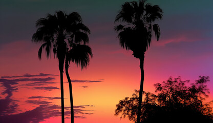 Obraz na płótnie Canvas Illustraion of a warm colored summer sunset with silhouettes of palm trees, Generative AI