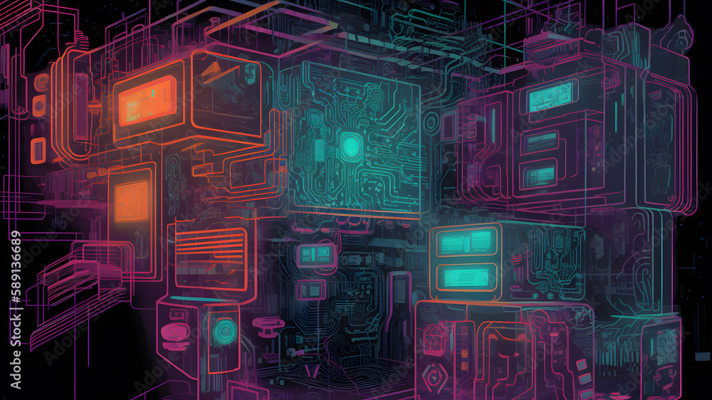 Aufkleber illustration designing schemes of the future. cyberpunk, artificial intelligence in electronics desi
