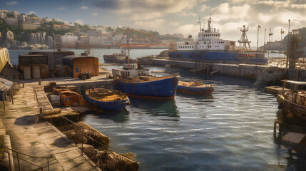 Sea port. Ships and boats are moored to shore of home harbor of old town. Generative AI.