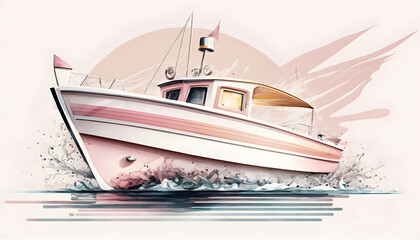 illustration of a pink and white boat in pastel colors, Generative AI