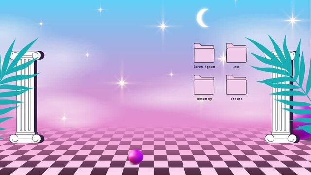 Retro Vaporwave Poster With User Interface Elements and Cartoon Wave Illustration. Trendy Old Aesthetic Background. 2D Animation.