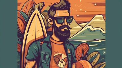 Obraz premium Surfer, flat cartoon character, retro style. Generative AI.