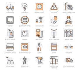 Electricity engineering vector flat line icons. Electrical equipment, power socket, torn cable, energy meter, lamp. Electrician service signs, house repair illustration. Orange color. Editable Stroke