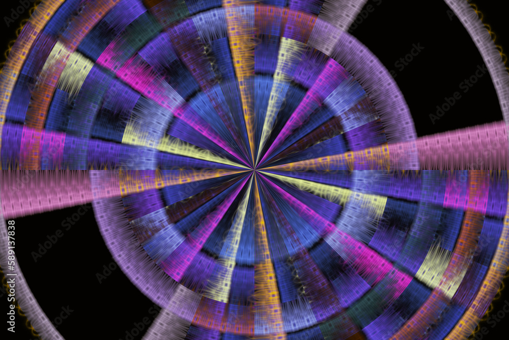 Aufkleber blue multi-colored round pattern of curved shapes and waves on a black background. abstract fractal 