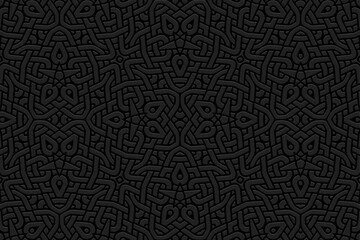 Embossed black background, tribal cover design. Geometric trendy 3D pattern, press paper, leather. Boho, handmade. Ethnic motifs of the countries of the East, Asia, India, Mexico, Aztecs, Peru.